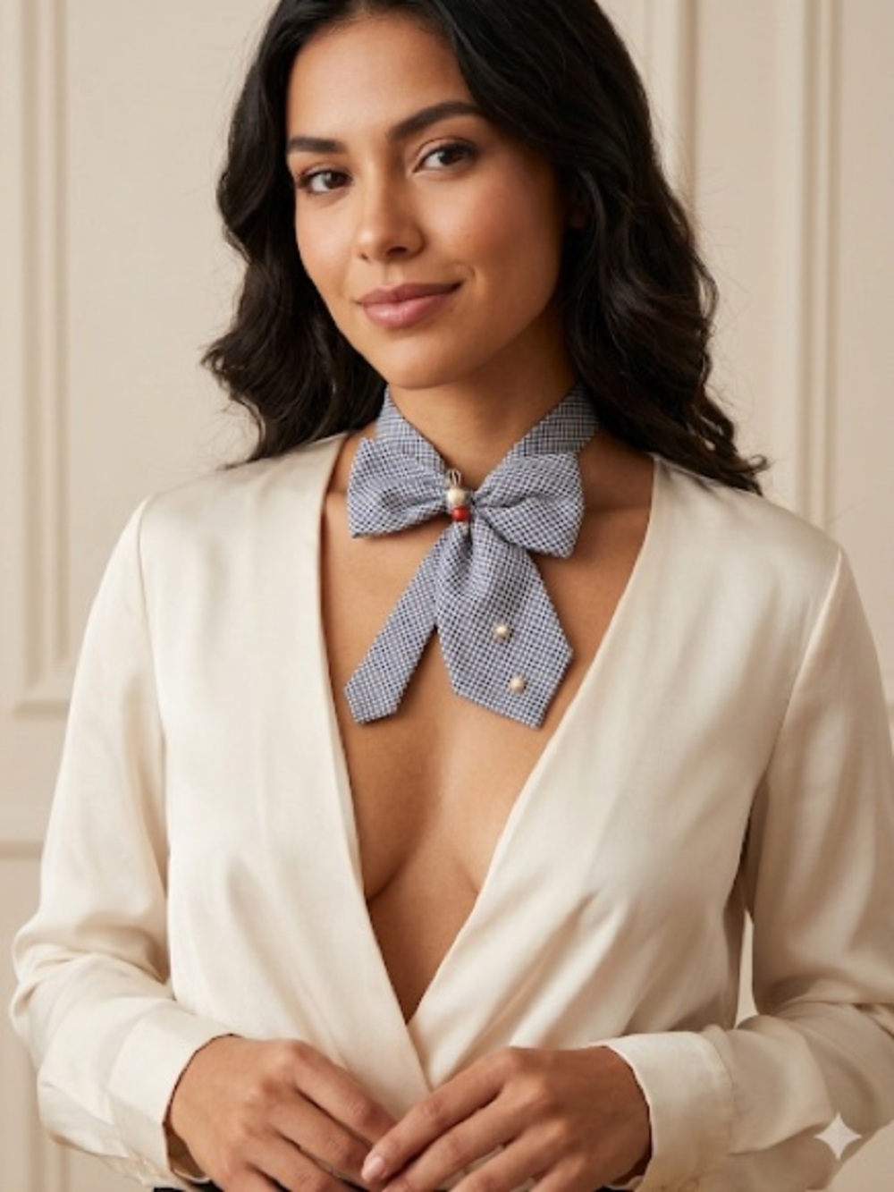 Chic Navy Gingham Bow Necklace with Red Accent Bead 
Handmade